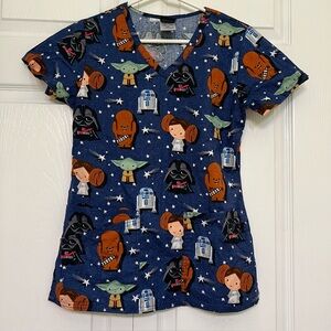 Star Wars Chewie Vader Leia Scrub Medical Dental Vet Top Women’s XS